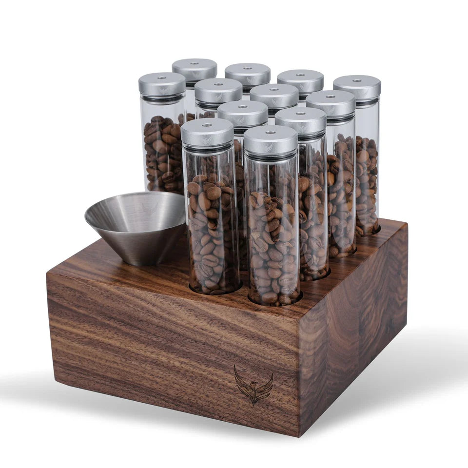 KNODOS VALVED SINGLE DOSE BEAN CELLAR WITH WOODEN DISPLAY RACK