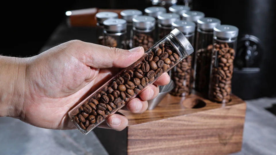 KNODOS VALVED SINGLE DOSE BEAN CELLAR WITH WOODEN DISPLAY RACK